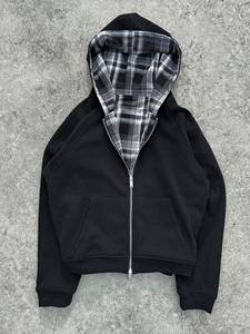 Sweat-shirt à capuche zippé pour homme, gris et blanc à carreaux, tissu tissé, style streetwear décontracté - Product Image 5