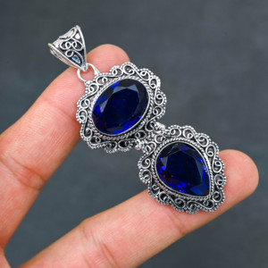 <b>Top</b> Quality Sparkling LAB-CREATED London Blue Topaz Solid 925 Sterling <b>Silver</b> Plated Designer 2.20" Pendant Women's Wholesale - Product Image 2