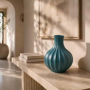 Ribbed <b>Bulb</b> Shape Teal Blue Tabletop <b>Vase</b> Modern Decorative Metal <b>Vase</b> - Product Image 2