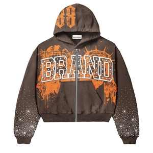 Customized Men's Oversized Zip-Up <b>Hoodie</b> Brown <b>Orange</b> Print Rhinestone Streetwear Sweatshirt 100% Cotton Fleece - Product Image 1