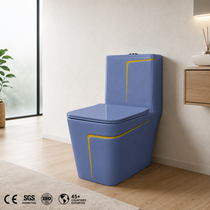WC monobloc moderne en céramique, cuvette carrée, design bleu ciel, style contemporain, à poser au sol, chasse d'eau à débit lent - Product Image 2