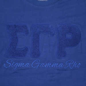 T-shirt en chenille Sigma Gamma Rho bleu roi pour femme, avec lettres grecques brodées, haut décontracté à col rond de qualité supérieure - Product Image 4