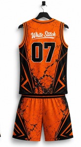 Ensemble de maillot de basket-ball pour femmes, imprimé géométrique orange et noir, sans manches, col rond, tissu respirant, spandex/nylon, vêtements de sport - Product Image 6