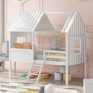 Letto a soppalco singolo per bambini, a forma di casetta in legno bianco con due finestre laterali - Product Image 2