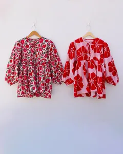 Vestido Mini Casual de Verano para Mujer, Color Rosa, Estampado Floral, Manga Abullonada de Algodón, Corte Holgado, Cuello con Lazo - Product Image 5