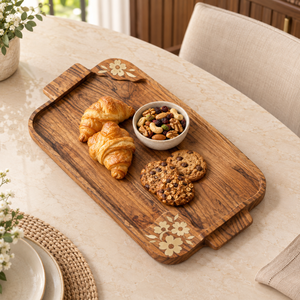 Bandeja de Madera Artesanal con Diseño Floral, Asas de Madera Natural, Plato Rectangular para Servir, Decoración para Mesa de Comedor |   Exhibidores de Cocina Refinados - Product Image 3
