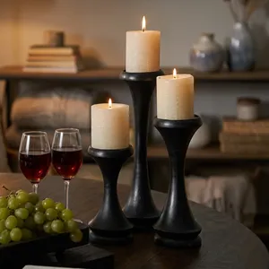 Modern Black Wooden <b>Nesting</b> <b>Candle</b> Holder Set of 3 Minimalist Design for Dining Table Home Decor - Product Image 4