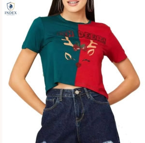INDEX APPAREL Women's Color Blocked Crop T-Shirt Crew Neck Short Sleeve Embroidery Deer Print Casual Winter Wear - Product Image 1