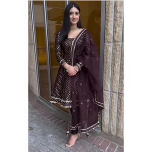 DISEÑADOR GEORGETTE BORDADO SECUENCIA TRABAJO TOP BOTTOM CON DUPATTA COFFEE - Product Image 1