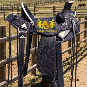 Handmade New Genuine <b>Leather</b> Western Black Floral <b>Tooling</b> Horse Saddle Portable Riding Dressage Custom Package Made in india - Product Image 1