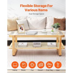 Modern Boho 45-Inch <b>Rectangle</b> Rattan Woven Wood <b>Coffee</b> <b>Table</b> with Tempered Glass Top and Storage Urban Chic Style - Product Image 4