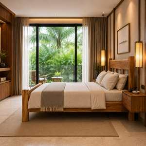 Elegant Solid Suar Wood Modern Wholesale Horizon Suar Wood Bedframe <b>Platform</b> <b>Bed</b> with Slatted <b>Base</b> for Hotel & Resort Guest Room - Product Image 6