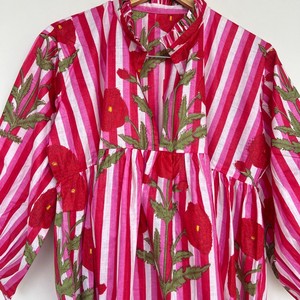 Robe longue d'été pour femme en coton 100% imprimé floral à la main, écologique, légère, respirante, col en V, manches bouffantes, décontractée - Product Image 6
