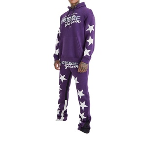 Survêtement imprimé bouffant avec design personnalisé pour hommes Ensemble survêtement pantalon de jogging évasé empilé et sweat à capuche pour hommes - Product Image 1