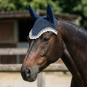 Voile anti-mouches noir en crochet pour cheval, avec couvre-oreilles bleu marine, bordure argentée, rembourrage doux, confortable, de haute qualité, fait main, bonnet d'équitation - Product Image 3