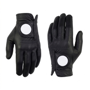 Black Genuine Leather Golf <b>Gloves</b> Full Finger Non-Slip Breathable Hook And Loop Closure Unisex <b>Sports</b> <b>Glove</b> - Product Image 1