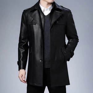 <b>Men's</b> <b>Black</b> PU Leather <b>Long</b> Coat Turn-down Collar Single Breasted Windproof Smart Casual Winter <b>Jacket</b> - Product Image 1