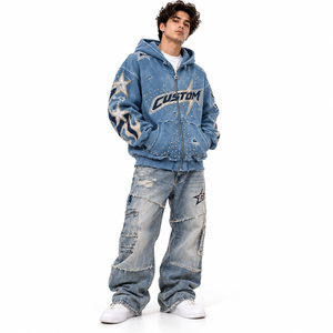 Sweat-shirt à capuche zippé unisexe Tie Dye délavé à l'acide avec broderie de strass, bicolore, coloré, style streetwear, orné de cristaux - Product Image 4