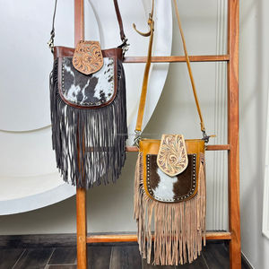 Women's Cowhide Leather Fringe Crossbody Bags Hand Tooled Flap Card Slots Zippered Pockets Adjustable Strap Shoulder Handbags - Product Image 5