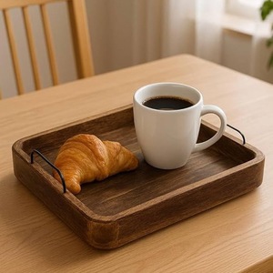 Acacia Wood Serving Tray with Metal Handles, Large Square Wooden Tray for <b>Coffee</b> <b>Table</b>, <b>Rustic</b> Wood Food Platter for Breakfast - Product Image 3