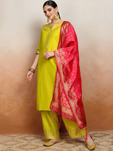 Lime Green Silk Blend Quick Dry Digital Print <b>Kurta</b> Set Red Dupatta Traditional Indian <b>Women</b> Casual Wear Knee-Length Regular Fit - Product Image 1