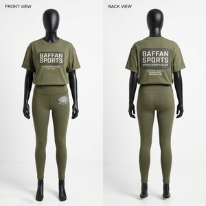 Conjunto de camiseta y leggings verde oliva de mezcla de algodón y poliéster premium de 180 GSM, tela suave y elástica, logotipo personalizado, conjuntos para mujer - Product Image 3