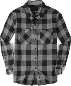 Camisa de Franela a Cuadros Gris y Negro con Bolsillos Dobles en el Pecho, Camisa Casual de Algodón con Botones - Product Image 1