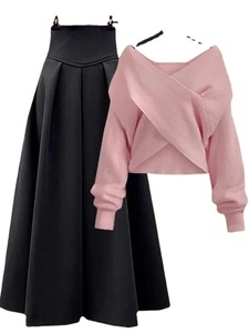 Automne hiver deux pièces ensembles pour femmes tenues bureau dames élégant croix tricot porte pull pull et taille haute jupes ensembles - Product Image 5