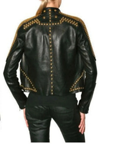Custom Gold Studded Steampunk Leather <b>Jacket</b> for Women, Genuine Leather Fashion <b>Biker</b> <b>Jacket</b> - Product Image 3