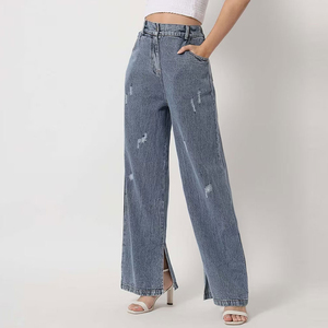 High Waisted Paperbag Denim Trousers Distressed Wide Leg Culottes Acid Wash Relaxed Fit Ripped Cotton Jeans - Product Image 2