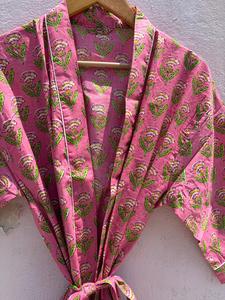 Bata Kimono Rosa de Algodón para Mujer, Albornoz Floral Hecho a Mano con Estampado de Bloques, Ropa de Dormir, Regalo - Product Image 6
