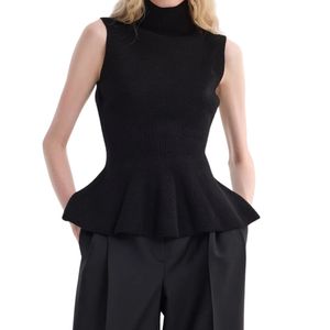 Top sin mangas negro azabache de punto con dobladillo peplum, cuello alto, ajuste ceñido, acanalado, corto por delante, con logo, moda femenina - Product Image 1