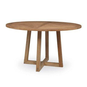 Une table à manger ronde en teck, au design scandinave, distinguée par les lignes et les motifs uniques sur sa surface. - Product Image 1