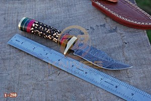 Cuchillo de Caza Premium de Acero de Damasco con Mango Estilo Asta de Ciervo, Cuchillo de Hoja Fija para Supervivencia al Aire Libre y Camping - Product Image 2