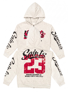 Sweat à capuche d'hiver premium beige entièrement zippé, design graphique distinctif d'inspiration universitaire 'Saints', 100% coton molletonné, personnalisable - Product Image 2