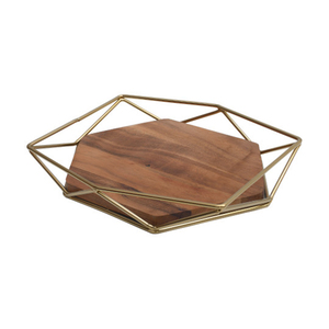 Plateau hexagonal en bois encastré dans un cadre en fil métallique noir géométrique, design industriel moderne pour les espaces contemporains - Product Image 2