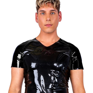 <b>Men's</b> Black Glossy Short Sleeve Slim Fit <b>V</b>-<b>Neck</b> <b>T</b>-<b>Shirt</b> Solid Color Casual Wear - Product Image 1