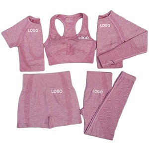 Custom 5pcs Women Seamless Workout Set Pink Mesh Crop Top Long Sleeve High Waist Leggings Shorts <b>Yoga</b> Wear Sportswear <b>Kit</b> - Product Image 1
