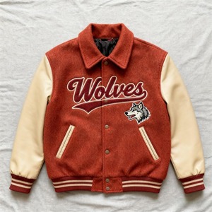 Chaqueta Varsity Bordada para Hombre, Roja, Mezcla de Lana, Informal, para Otoño, con Parche con Logotipo en la Parte Delantera, Diseño de Cierre de un Solo Botón - Product Image 1