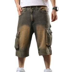 Pantalones Cortos Cargo de Mezclilla Verde Oliva Oscuro para Hombre, Lavado Vintage, con Acabado Arenado, Estilo Y2K, Ajuste Holgado, Bolsillos Utilitarios, Pierna Ancha, Jorts de Verano - Product Image 1