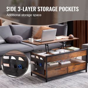 Tavolino da Caffè Rettangolare da 39,4 Pollici con Piano Sollevabile, Presa di Corrente USB e Tasche Extra per lo Stoccaggio, Design Pieghevole a Scomparsa - Product Image 4