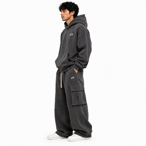 <b>Y2K</b> Men's Baggy Cargo <b>Tracksuit</b> Set 2PC Oversized Hoodie Wide Leg Trousers Cotton Fleece Curved Seam Custom Logo Manufacturer - Product Image 2