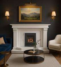 Cheminée en marbre blanc artisanal, cadre moderne classique avec piliers de support, autoportante, taille personnalisée, pour salon, avec télécommande - Product Image 3