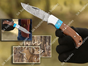 Couteau de survie EDC pliable artisanal en acier Damas à motif torsadé, manche en bois de rose et turquoise, lame Drop Point - Product Image 2