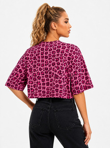 Camiseta Corta de Mujer con Estampado de Leopardo Marrón Personalizada, Corte Cuadrado, Manga Corta, Cuello Redondo, Top de Moda de Verano con Estampado Animal, OEM - Product Image 5