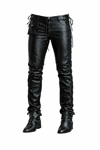 Men's <b>Black</b> PU Coated Moto Biker Pants High Waist Zipper Fly Side <b>Pockets</b> Stretchy Fit Winter Style - Product Image 2