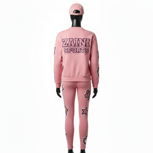 Conjunto de Camiseta y Leggings de Felpa de Algodón Premium para Mujer, 280 GSM, Rosa Suave, Apliques Bordados, Logotipo Personalizado - Product Image 2