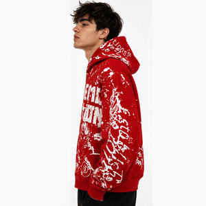 Sweat à capuche zippé oversize rouge pour homme, style streetwear, imprimé motif émotionnel, en polyester tricoté respirant, idéal pour l'automne - Product Image 5