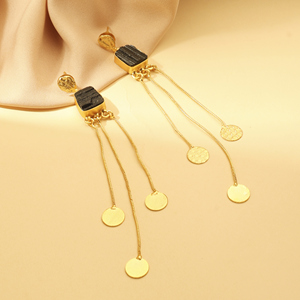 Boucles d'oreilles pendantes en onyx plaqué or avec pompon, style bohème pour femme, bijoux de fête, boucles d'oreilles tendance en alliage - Product Image 3