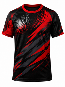 T-shirt sportif à manches courtes pour homme, imprimé géométrique noir et rouge, séchage rapide, col rond, coupe classique, 100% polyester tricoté, sublimation - Product Image 1